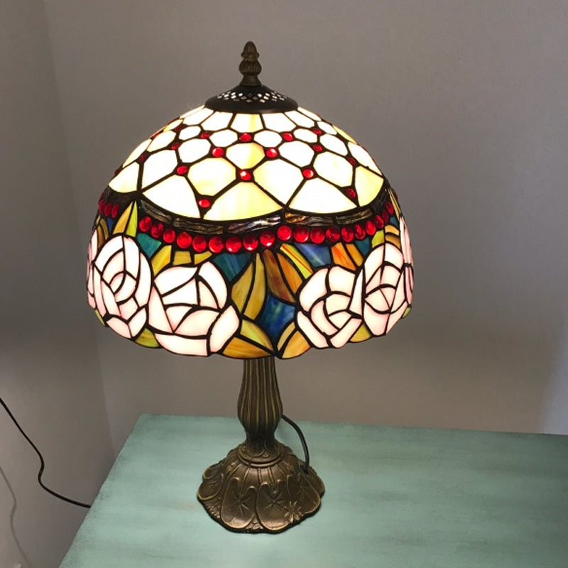 Single Living Room Nightstand Lamp Baroque Bronze Table Light with Beaded Roseborder Stained Glass Shade Clearhalo 'Lamps' 'Table Lamps' Lighting' 863791