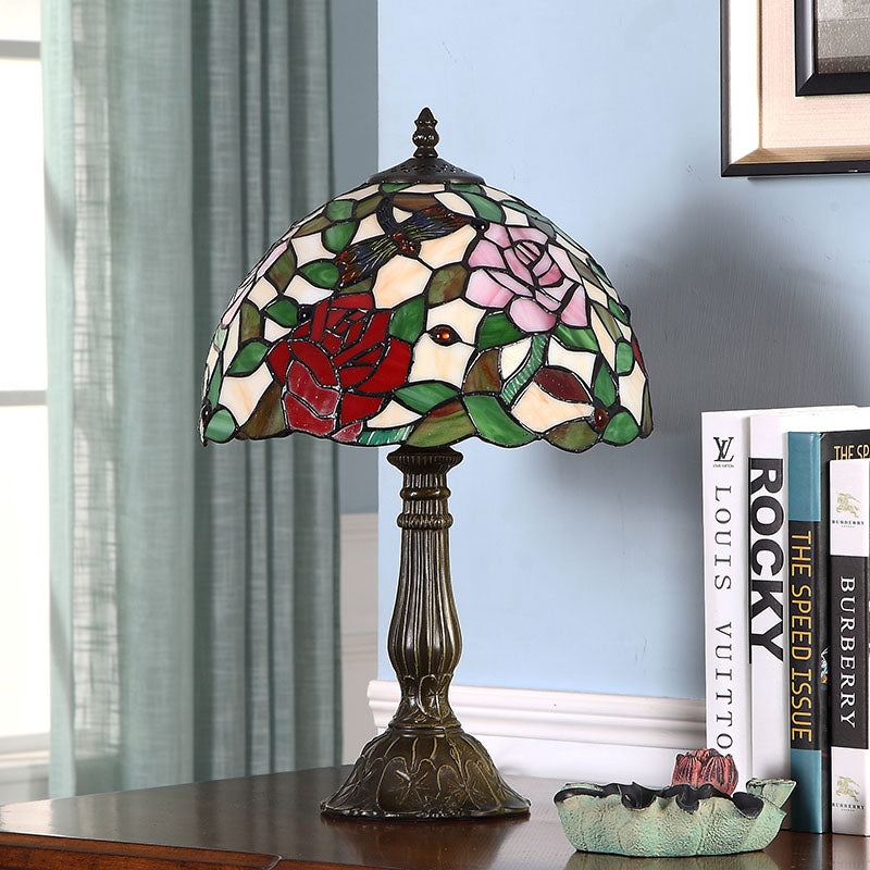 Tiffany Bowl Shade Table Light 1 Bulb Hand-Crafted Art Glass Nightstand Lamp with Rose Pattern in Bronze Bronze Clearhalo 'Lamps' 'Table Lamps' Lighting' 863798