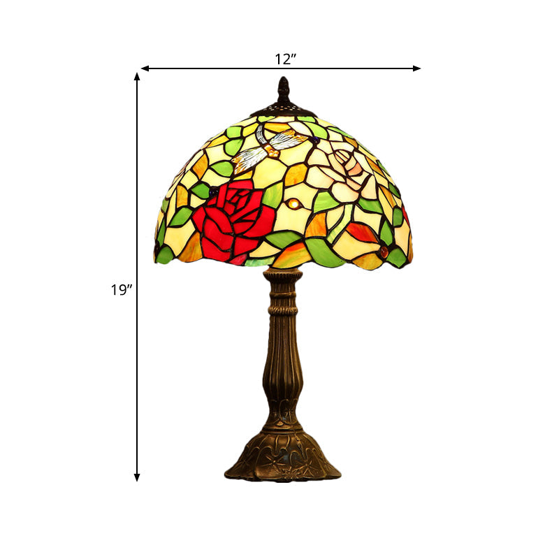 Tiffany Bowl Shade Table Light 1 Bulb Hand-Crafted Art Glass Nightstand Lamp with Rose Pattern in Bronze Clearhalo 'Lamps' 'Table Lamps' Lighting' 863801
