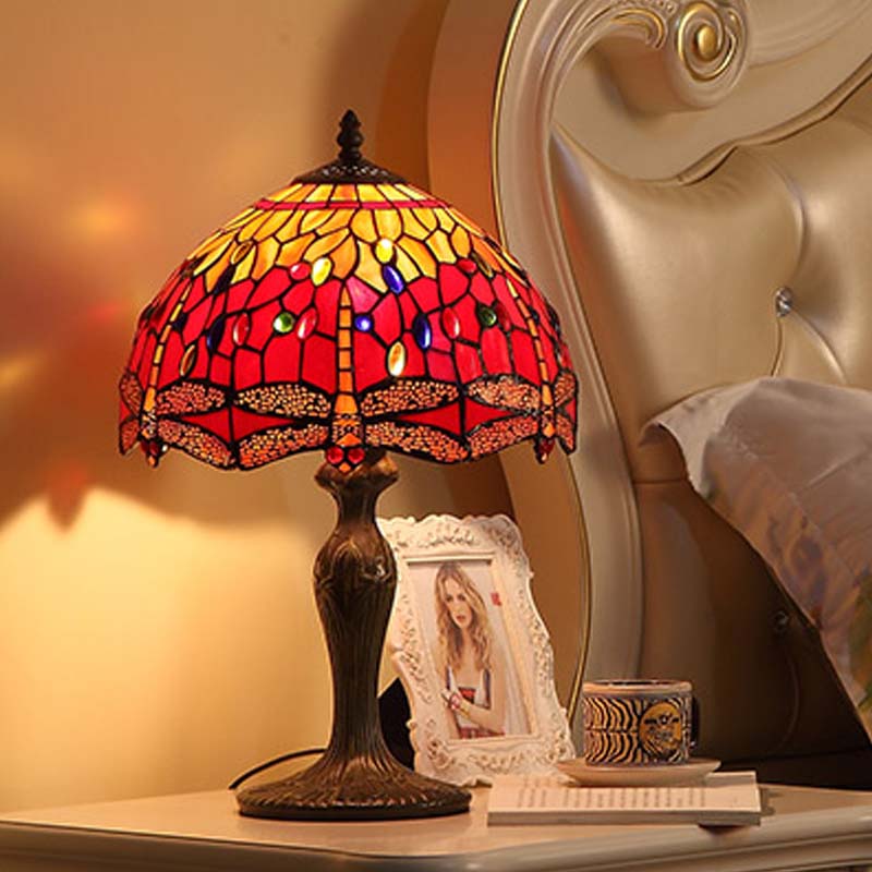 Dragonfly Table Lighting 1-Light Stained Glass Tiffany Style Night Stand Lamp in Dark Brown Clearhalo 'Lamps' 'Table Lamps' Lighting' 863807