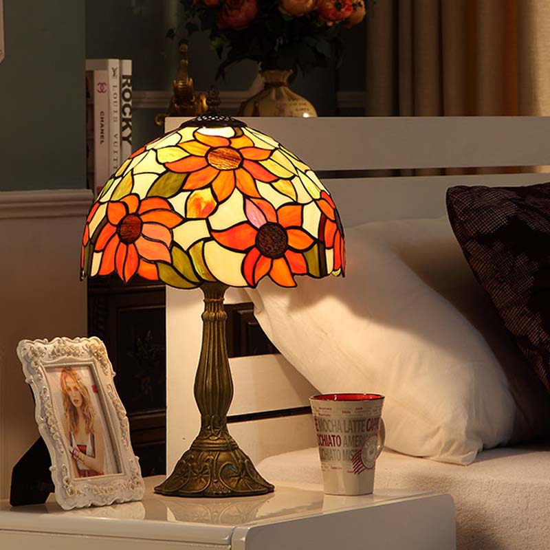 Bronze Finish 1 Bulb Night Lamp Tiffany Sunflowers Hand-Cut Stained Glass Table Light Bronze Clearhalo 'Lamps' 'Table Lamps' Lighting' 863810
