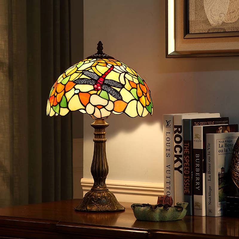 Hand-Crafted Glass Bronze Night Light Dragonfly and Peony 1 Head Tiffany Table Lamp Clearhalo 'Lamps' 'Table Lamps' Lighting' 863815