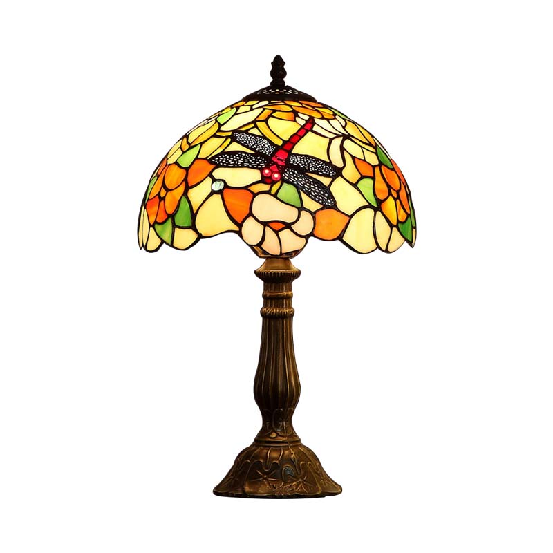 Hand-Crafted Glass Bronze Night Light Dragonfly and Peony 1 Head Tiffany Table Lamp Clearhalo 'Lamps' 'Table Lamps' Lighting' 863816