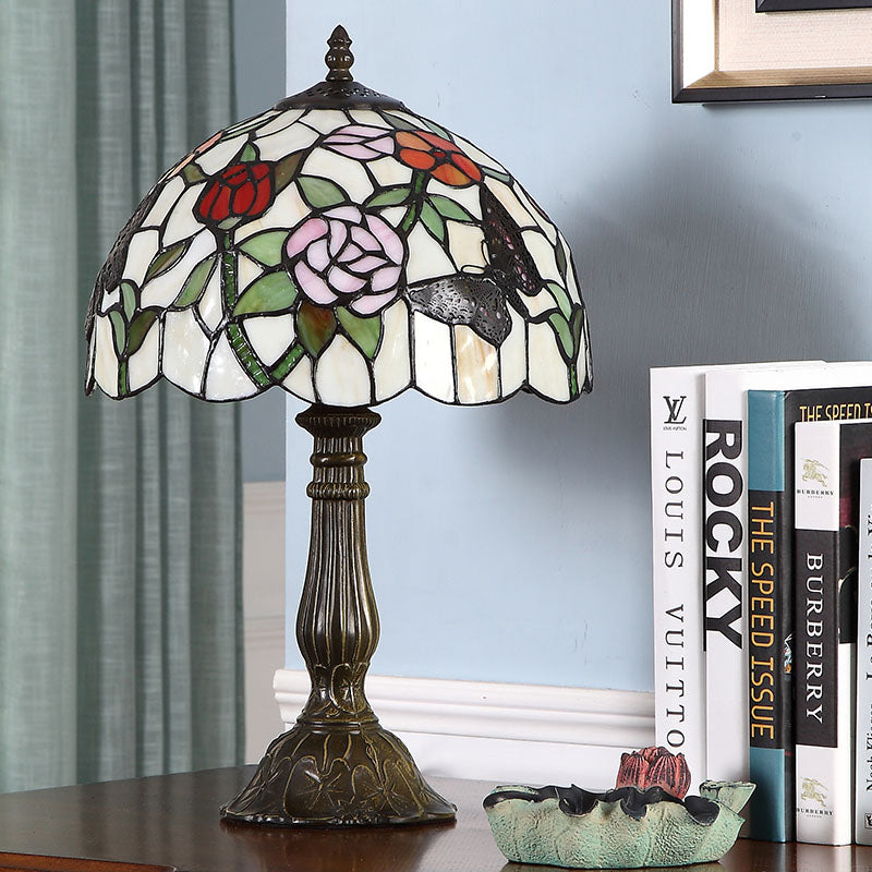Butterfly and Flowerbud Table Lamp Tiffany Stained Glass Single-Bulb Bronze Nightstand Light Bronze Clearhalo 'Lamps' 'Table Lamps' Lighting' 863818