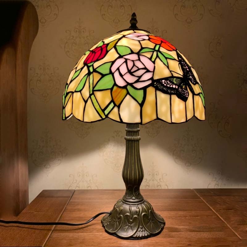 Butterfly and Flowerbud Table Lamp Tiffany Stained Glass Single-Bulb Bronze Nightstand Light Clearhalo 'Lamps' 'Table Lamps' Lighting' 863819