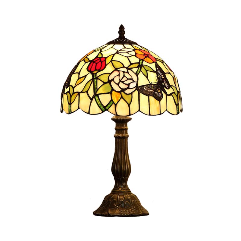 Butterfly and Flowerbud Table Lamp Tiffany Stained Glass Single-Bulb Bronze Nightstand Light Clearhalo 'Lamps' 'Table Lamps' Lighting' 863820