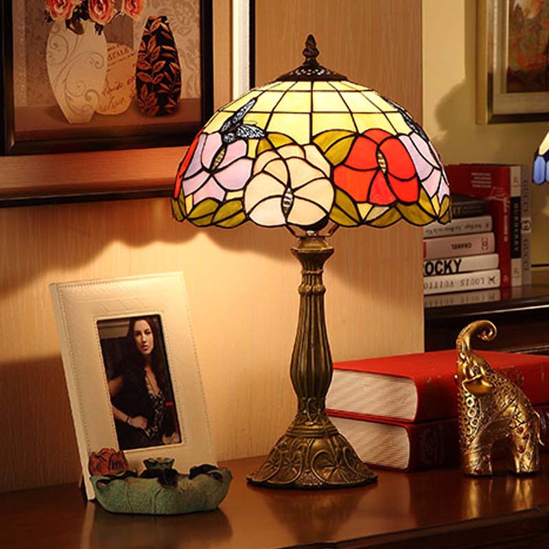 1 Bulb Grid-Bowl Table Light Tiffany Bronze Stained Glass Night Lamp with Butterfly and Flower Pattern Bronze Clearhalo 'Lamps' 'Table Lamps' Lighting' 863822