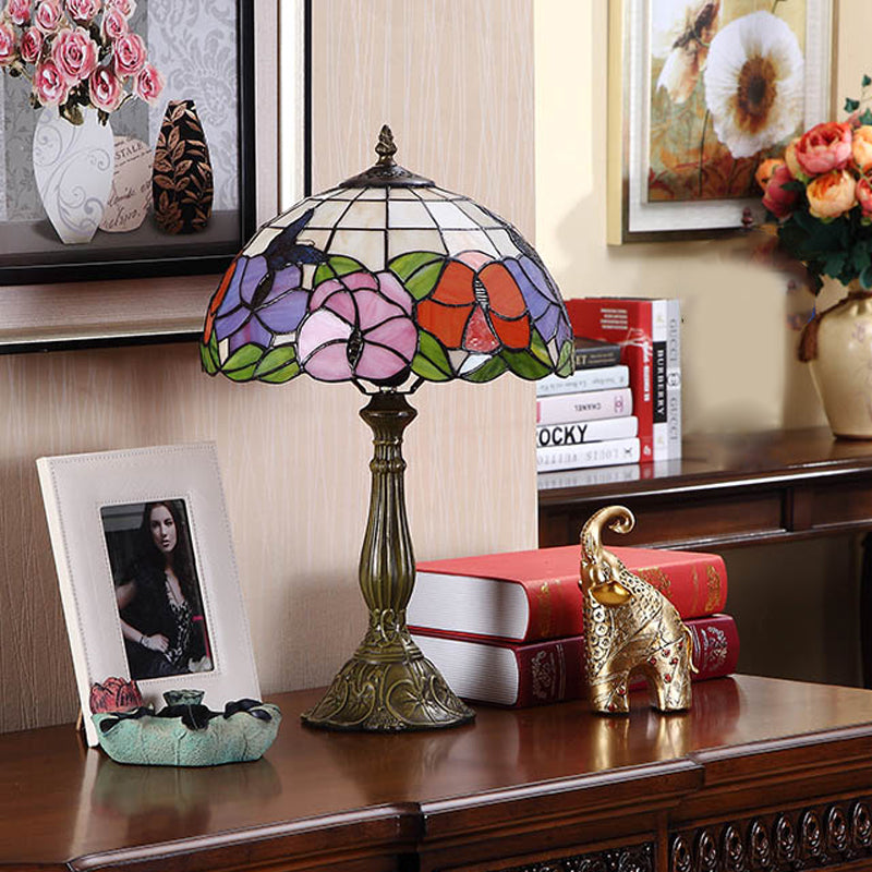 1 Bulb Grid-Bowl Table Light Tiffany Bronze Stained Glass Night Lamp with Butterfly and Flower Pattern Clearhalo 'Lamps' 'Table Lamps' Lighting' 863823
