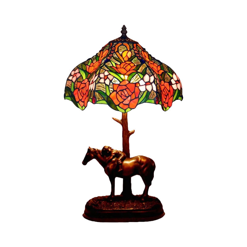 Single Night Stand Lamp Tiffany Blooming Rose Stained Glass Table Light with Scalloped Edge and Horse Base in Coffee Clearhalo 'Lamps' 'Table Lamps' Lighting' 863875