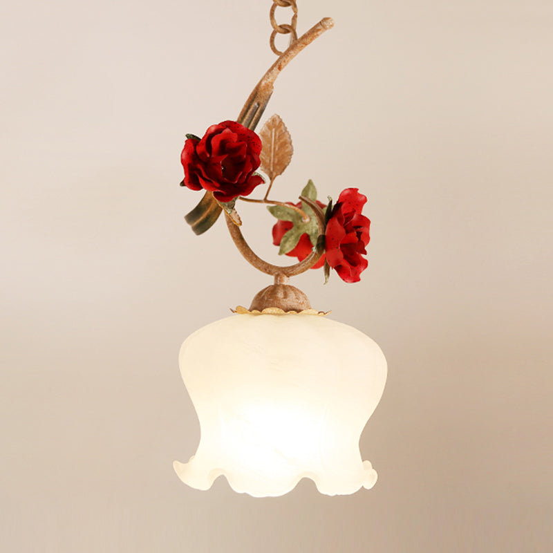 1 Bulb Down Lighting Pendant American Flower Lettuce-Edge Frosted Glass Suspension Lamp in Red Clearhalo 'Ceiling Lights' 'Glass shade' 'Glass' 'Pendant Lights' 'Pendants' Lighting' 874613