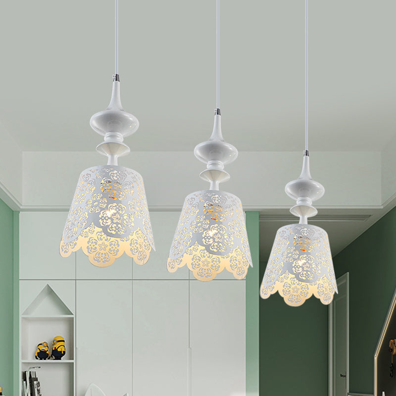 Iron White Multi Hanging Light Hollowed Out Scalloped 3-Bulb Pastoral Ceiling Pendant Lamp White Clearhalo 'Ceiling Lights' 'Pendant Lights' 'Pendants' Lighting' 874646_236cb102-e94a-42de-a58e-806cc8e2ecd8