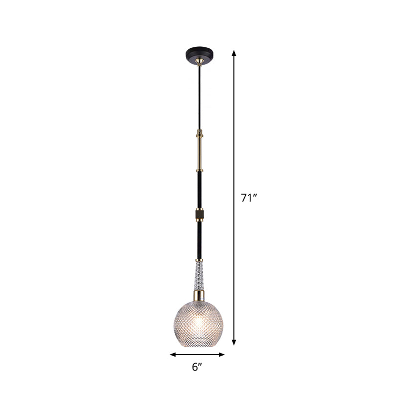 Globe Drop Pendant Modern Clear Latticed Glass 1 Bulb Black Hanging Ceiling Light for Bedside Clearhalo 'Ceiling Lights' 'Glass shade' 'Glass' 'Modern Pendants' 'Modern' 'Pendant Lights' 'Pendants' Lighting' 875210