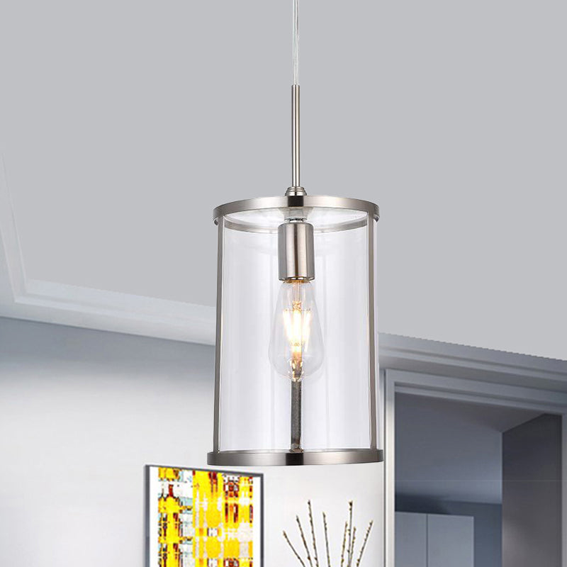 Clear Glass Cylinder Pendant Light Fixture Modern 1-Bulb Gold/Nickel Hanging Lamp Kit for Living Room Nickel Clearhalo 'Ceiling Lights' 'Glass shade' 'Glass' 'Modern Pendants' 'Modern' 'Pendant Lights' 'Pendants' Lighting' 875223