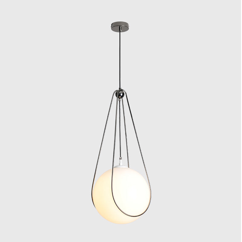 Orb Restaurant Hanging Light Kit White Frosted Glass 1 Head Simple Ceiling Pendant Lamp with Teardrop Iron Frame Clearhalo 'Ceiling Lights' 'Glass shade' 'Glass' 'Modern Pendants' 'Modern' 'Pendant Lights' 'Pendants' Lighting' 875245