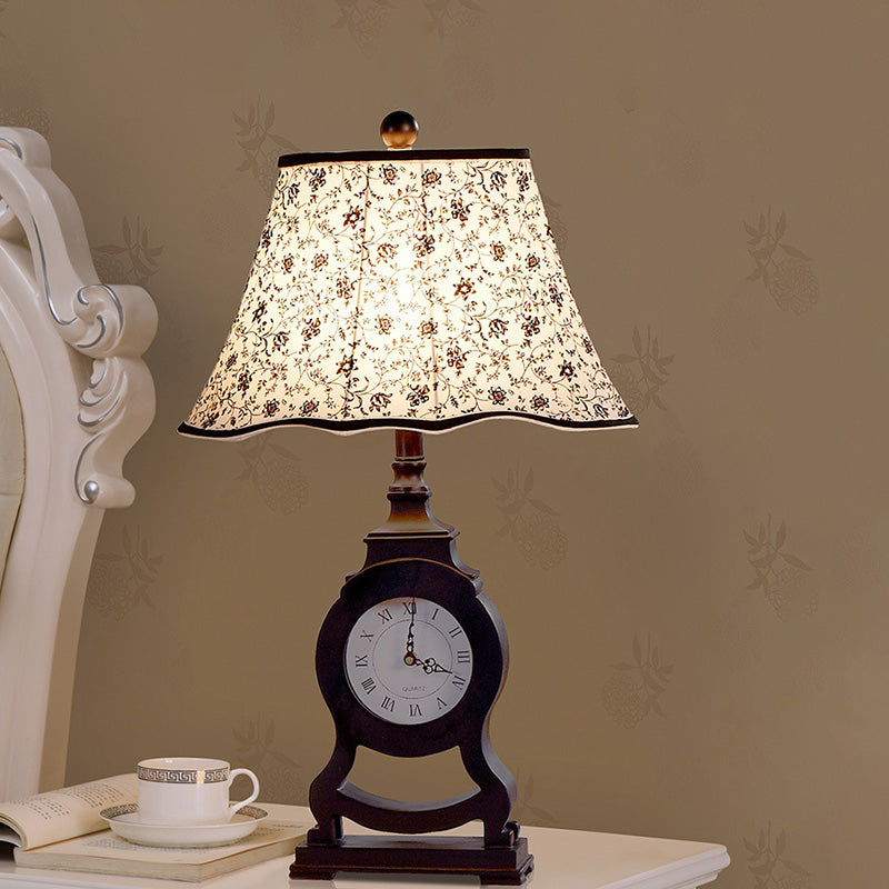 Black 1-Bulb Desk Lamp Classic Fabric Flared Flower Patterned Table Light with Clock Design Black Clearhalo 'Lamps' 'Table Lamps' Lighting' 875698