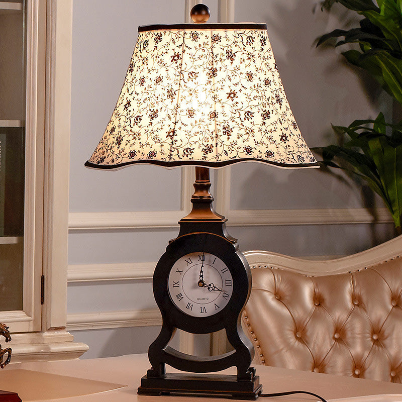 Black 1-Bulb Desk Lamp Classic Fabric Flared Flower Patterned Table Light with Clock Design Clearhalo 'Lamps' 'Table Lamps' Lighting' 875699