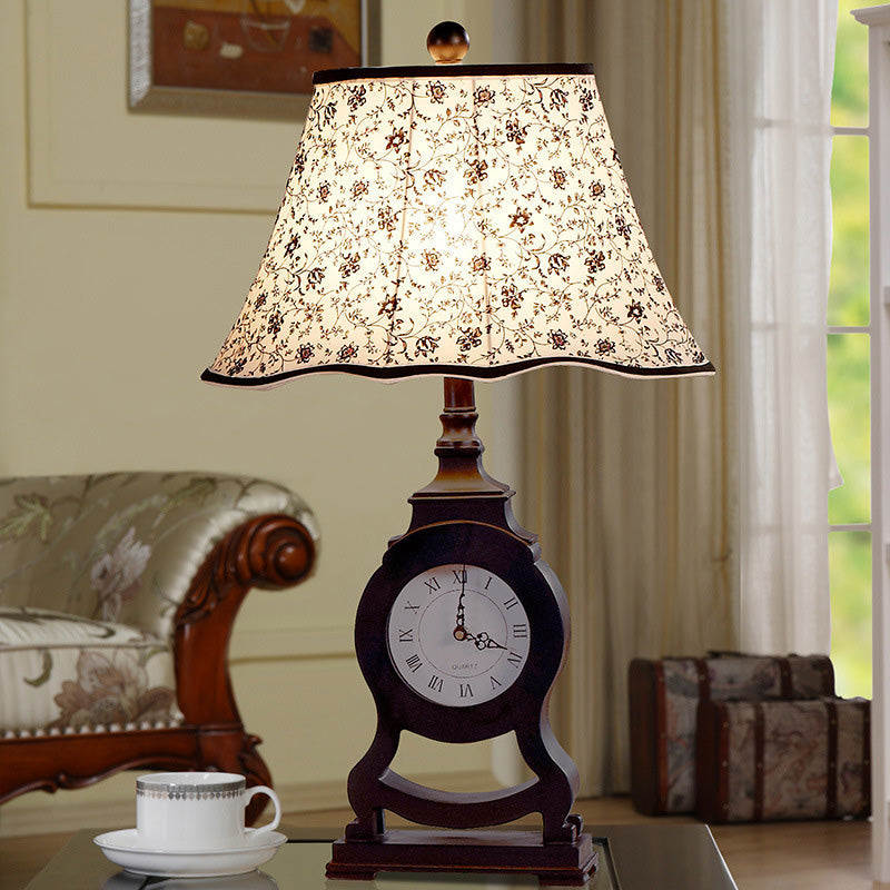 Black 1-Bulb Desk Lamp Classic Fabric Flared Flower Patterned Table Light with Clock Design Clearhalo 'Lamps' 'Table Lamps' Lighting' 875700