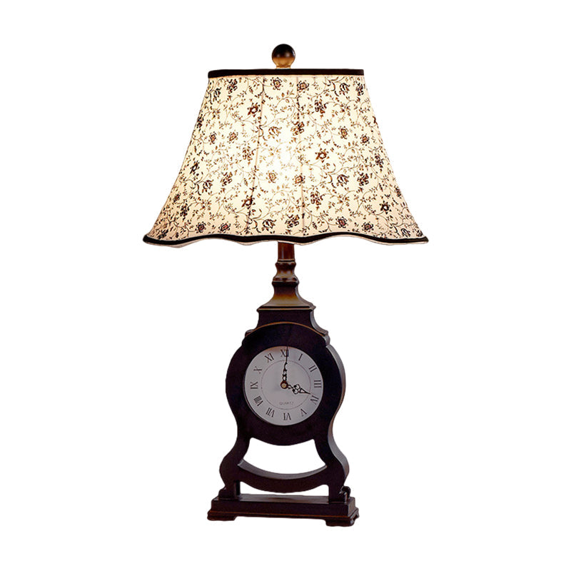 Black 1-Bulb Desk Lamp Classic Fabric Flared Flower Patterned Table Light with Clock Design Clearhalo 'Lamps' 'Table Lamps' Lighting' 875701