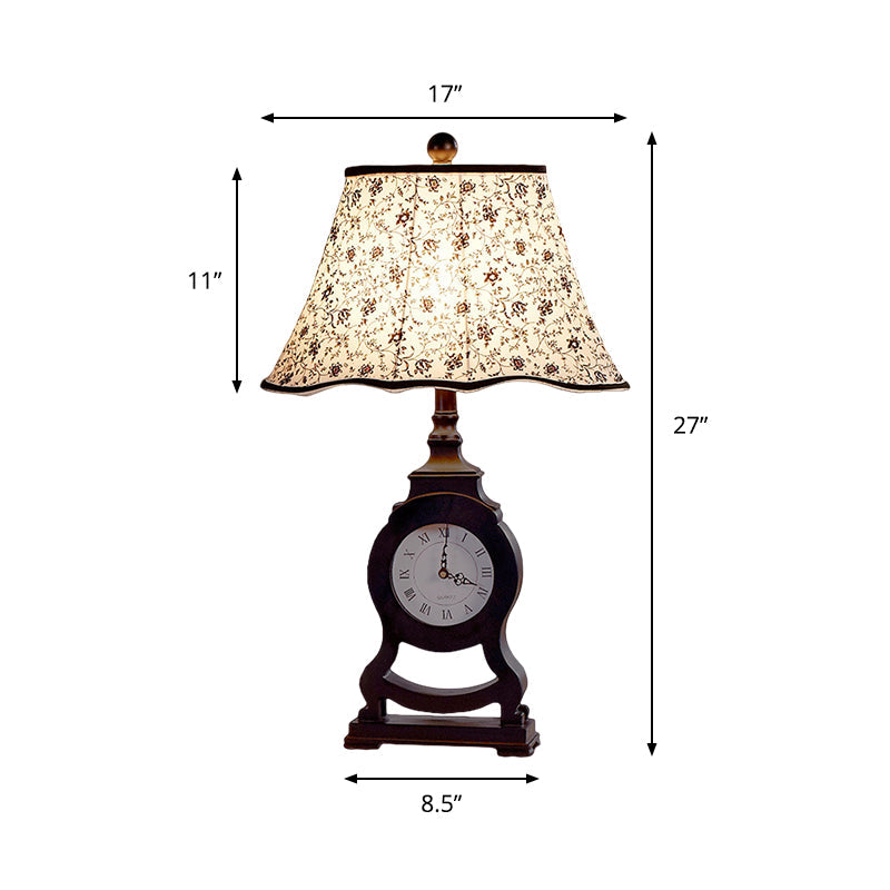 Black 1-Bulb Desk Lamp Classic Fabric Flared Flower Patterned Table Light with Clock Design Clearhalo 'Lamps' 'Table Lamps' Lighting' 875702