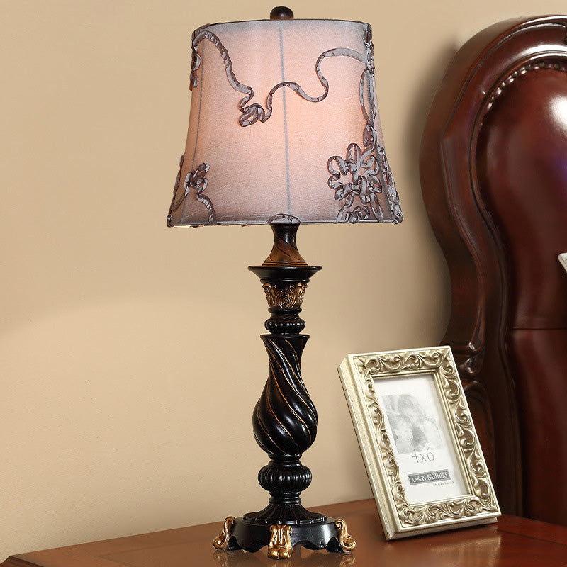 Classic Drum Night Lighting 1 Head Fabric Swirl Patterned Nightstand Lamp in Black with Blaster Base Clearhalo 'Lamps' 'Table Lamps' Lighting' 875728