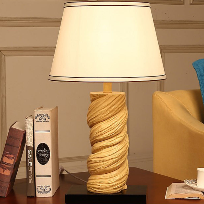 Conic Fabric Night Table Lighting Traditional 1-Light Bedroom Desk Light in White/Brown with Resin Twisted Column White Clearhalo 'Lamps' 'Table Lamps' Lighting' 875746