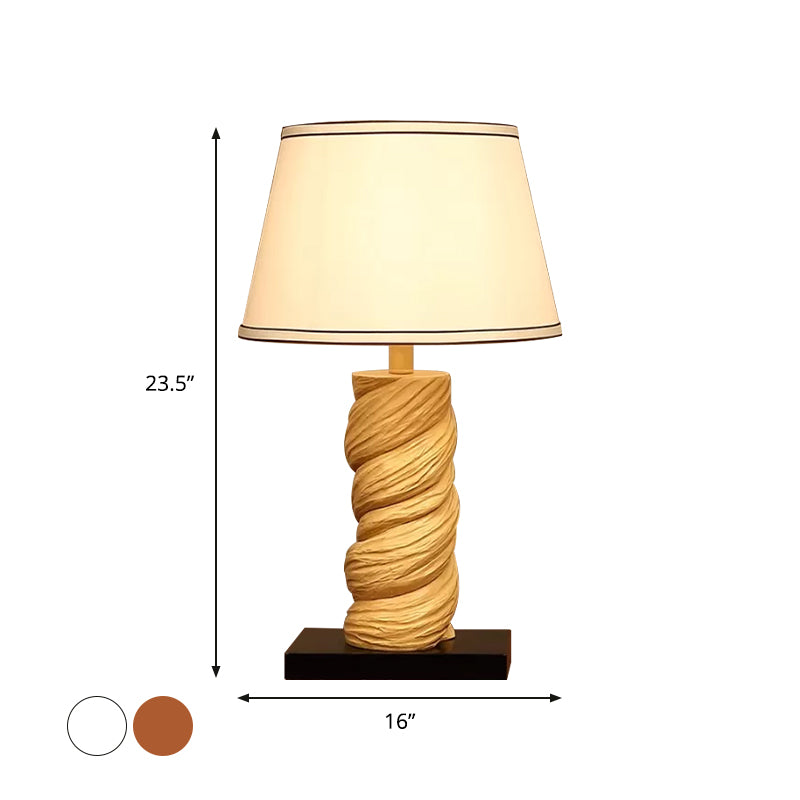 Conic Fabric Night Table Lighting Traditional 1-Light Bedroom Desk Light in White/Brown with Resin Twisted Column Clearhalo 'Lamps' 'Table Lamps' Lighting' 875750
