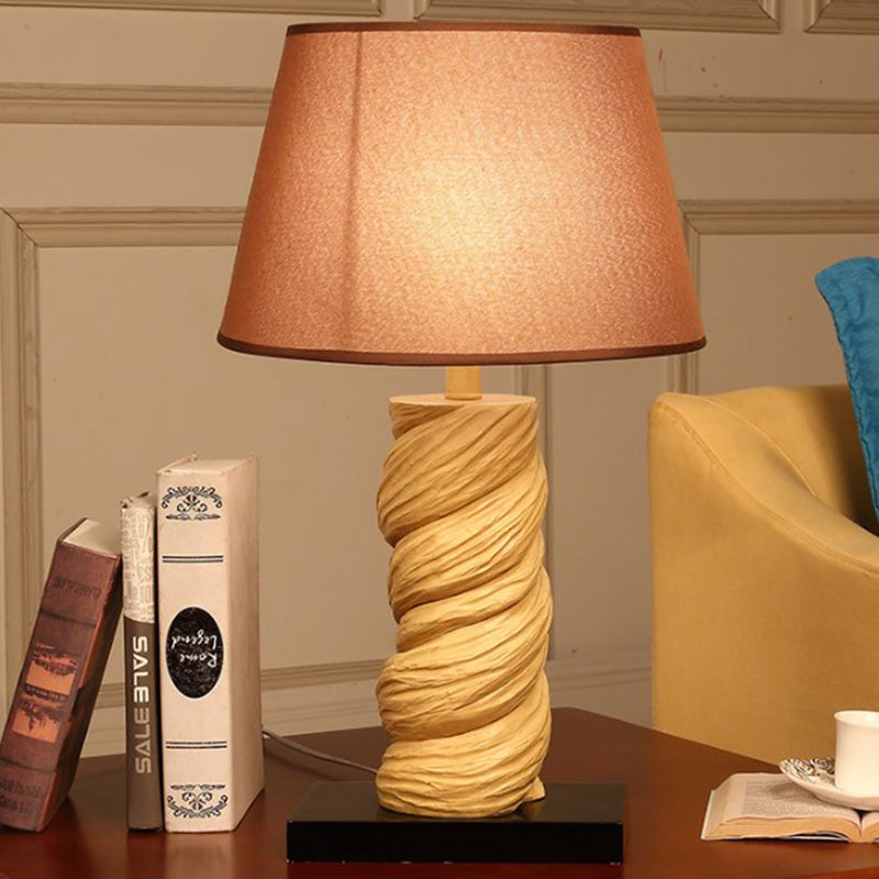 Conic Fabric Night Table Lighting Traditional 1-Light Bedroom Desk Light in White/Brown with Resin Twisted Column Brown Clearhalo 'Lamps' 'Table Lamps' Lighting' 875751