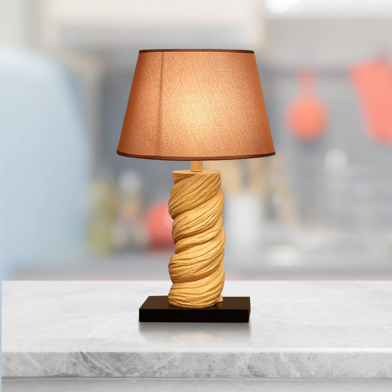 Conic Fabric Night Table Lighting Traditional 1-Light Bedroom Desk Light in White/Brown with Resin Twisted Column Clearhalo 'Lamps' 'Table Lamps' Lighting' 875752