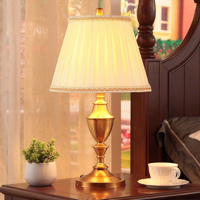 Brass 1 Head Night Table Lamp Rustic Fabric Pleated Lampshade Desk Light with Urn Base Brass Clearhalo 'Lamps' 'Table Lamps' Lighting' 875784