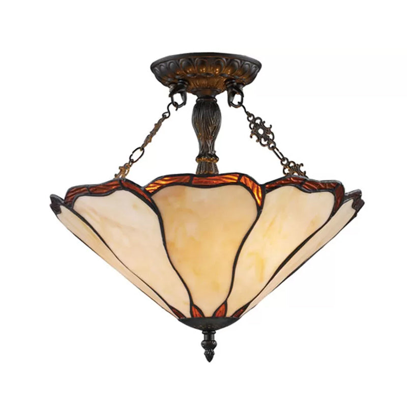 Stained Glass Ceiling Light with LED Light, 2-Lights Cone Semi Flush Mount Lighting Tiffany Style, 14