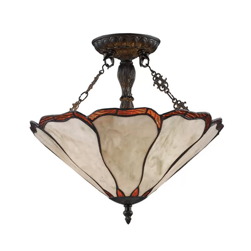 Stained Glass Ceiling Light with LED Light, 2-Lights Cone Semi Flush Mount Lighting Tiffany Style, 14