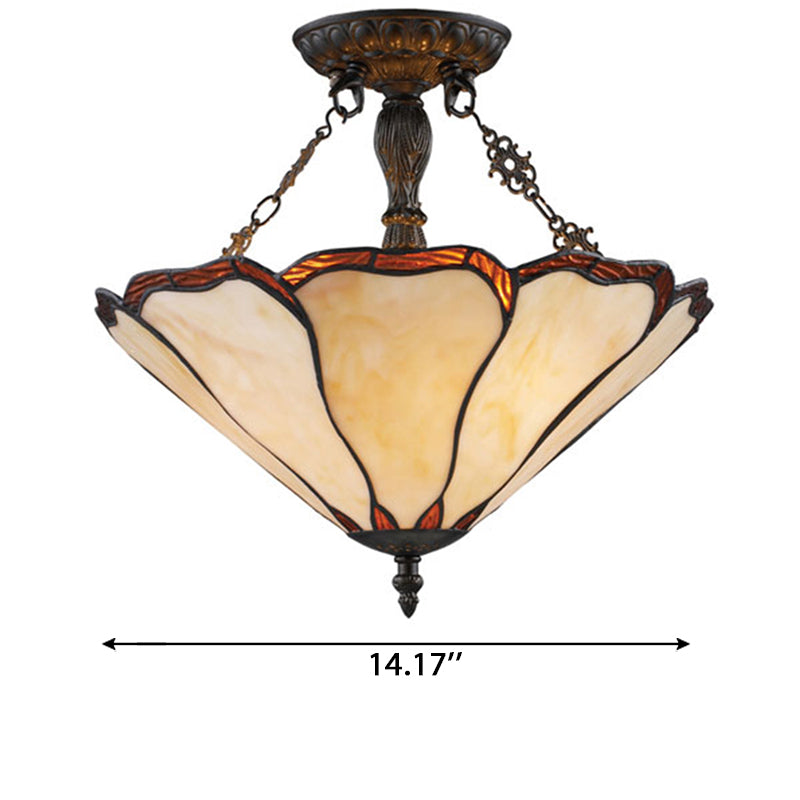 Stained Glass Ceiling Light with LED Light, 2-Lights Cone Semi Flush Mount Lighting Tiffany Style, 14