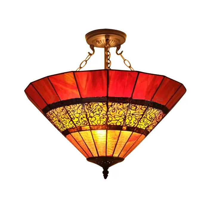 Bedroom Ceiling Lighting LED, 3 Lights Umbrella Semi Flush Light in Copper with Rod and Stained Glass Shade Tiffany Style, H8.5