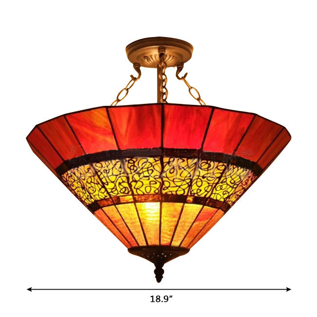 Bedroom Ceiling Lighting LED, 3 Lights Umbrella Semi Flush Light in Copper with Rod and Stained Glass Shade Tiffany Style, H8.5