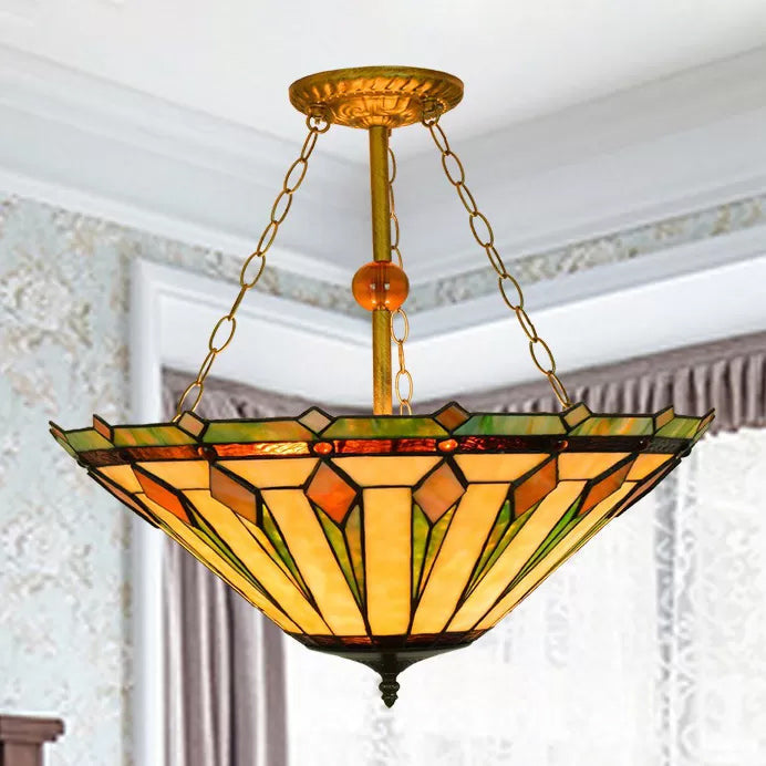 Ceiling Light for Living Room, Tiffany 3-Lights Cone Semi Flush Mount Lighting with Chain and Stained Glass Shade, 23.5