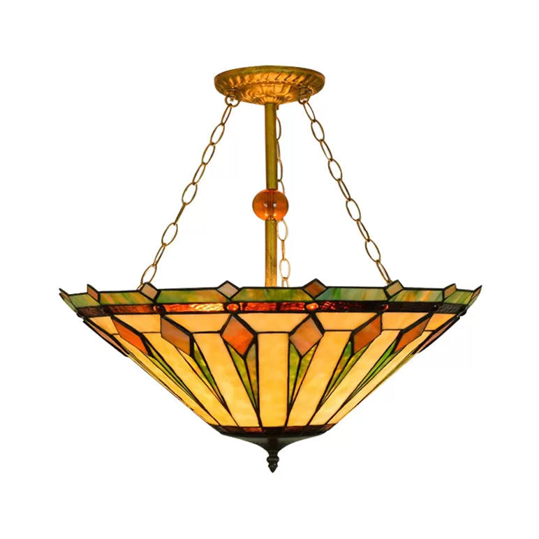 Ceiling Light for Living Room, Tiffany 3-Lights Cone Semi Flush Mount Lighting with Chain and Stained Glass Shade, 23.5