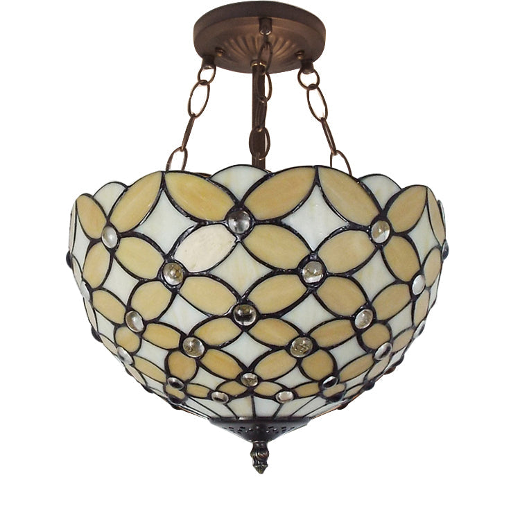 Old Bronze Ceiling Light with Chain and Rod, 3-Lights Inverted Semi Flush Mount Lighting for Bedroom Tiffany Style, H8