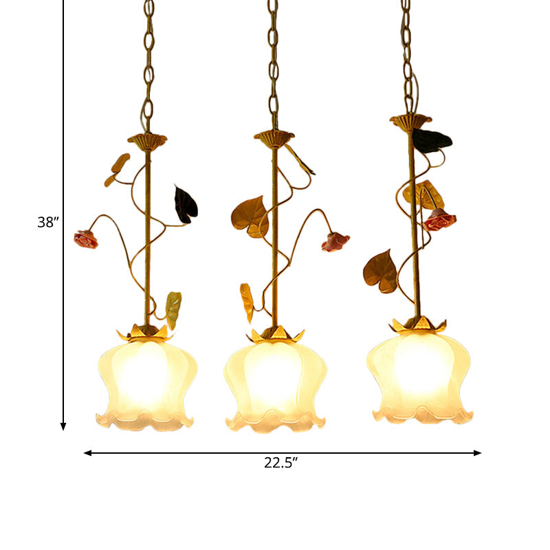 Green 3 Lights Down Lighting Pastoral Frosted Glass Cluster Flower Pendant with Lettuce Edge and Round/Linear Canopy Clearhalo 'Ceiling Lights' 'Chandeliers' 'Close To Ceiling Lights' 'Glass shade' 'Glass' 'Pendant Lights' 'Pendants' Lighting' 882068