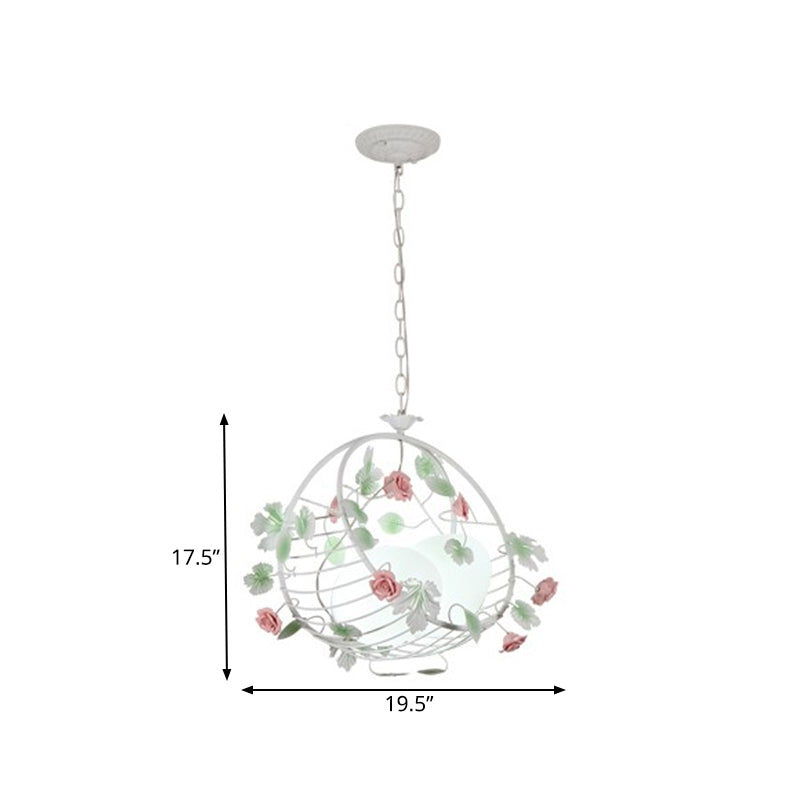 Swing Shaped Iron Hanging Lamp Korean Flower 2 Bulbs Dining Table Chandelier in Pink with Ball Glass Shade Clearhalo 'Ceiling Lights' 'Chandeliers' Lighting' options 882097