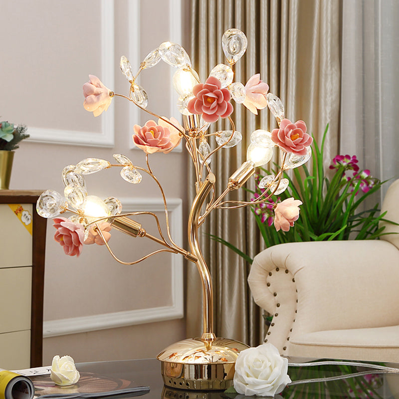 Postmodern Floral Table Lamp 3 Bulbs Crystal Night Light in Pink with Branching Design Pink Clearhalo 'Lamps' 'Table Lamps' Lighting' 882146