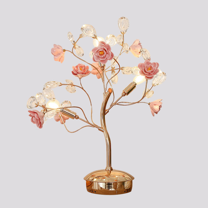 Postmodern Floral Table Lamp 3 Bulbs Crystal Night Light in Pink with Branching Design Clearhalo 'Lamps' 'Table Lamps' Lighting' 882148