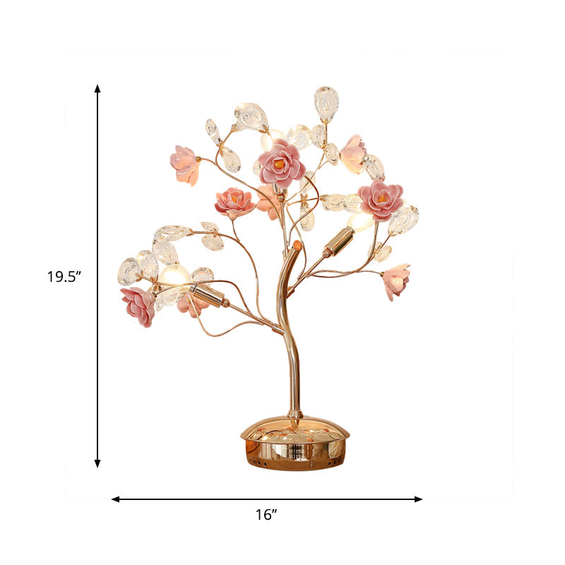 Postmodern Floral Table Lamp 3 Bulbs Crystal Night Light in Pink with Branching Design Clearhalo 'Lamps' 'Table Lamps' Lighting' 882149