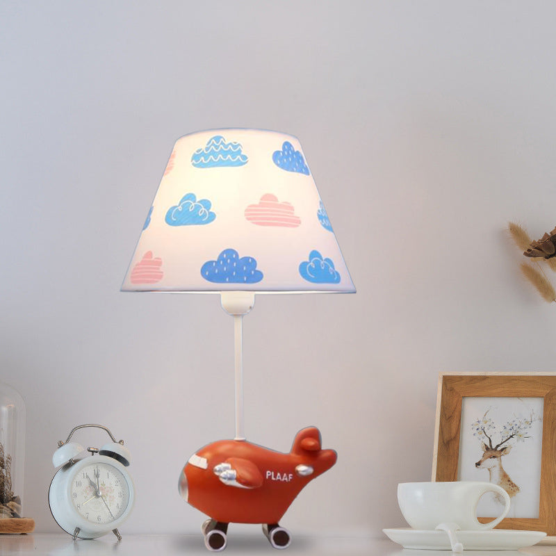 Red/Blue Bucket Night Light Cartoon 1-Head Fabric Nightstand Lamp with Airplane Resin Base, Small/Large Red Clearhalo 'Lamps' 'Table Lamps' Lighting' 882749