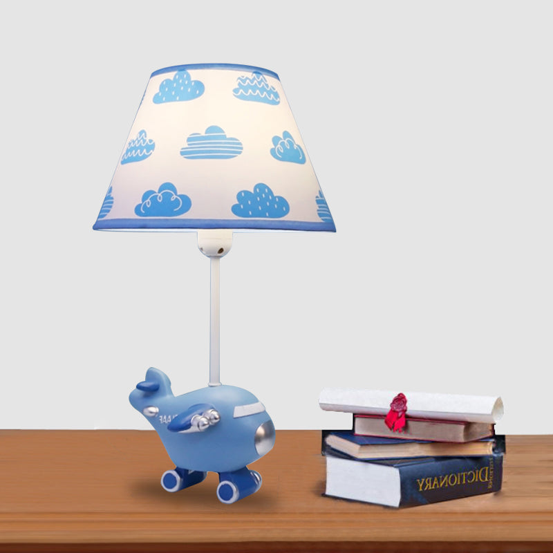 Red/Blue Bucket Night Light Cartoon 1-Head Fabric Nightstand Lamp with Airplane Resin Base, Small/Large Blue Clearhalo 'Lamps' 'Table Lamps' Lighting' 882754