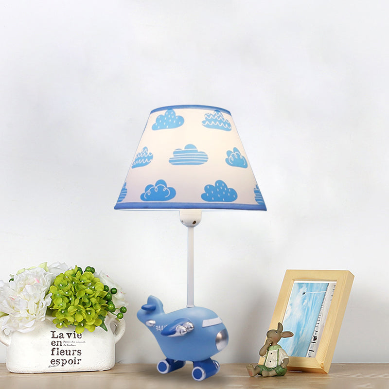 Red/Blue Bucket Night Light Cartoon 1-Head Fabric Nightstand Lamp with Airplane Resin Base, Small/Large Clearhalo 'Lamps' 'Table Lamps' Lighting' 882756
