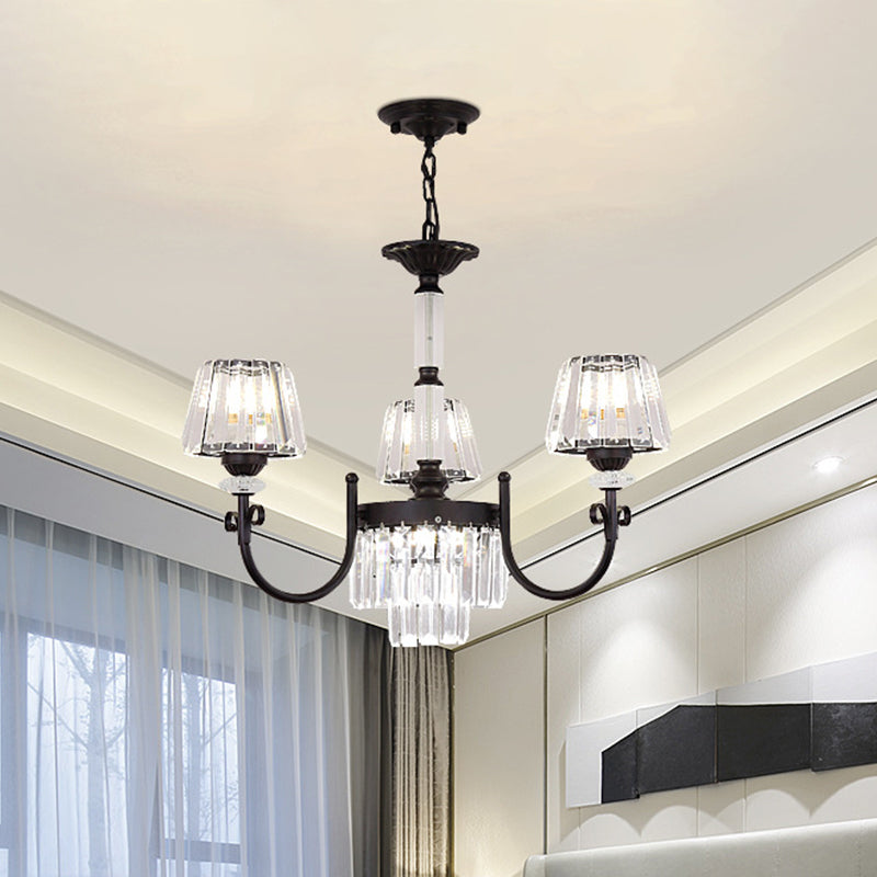 Tapered Crystal Suspension Light Modern 3/6 Heads Dining Room Chandelier Lamp in Black 3 Black Clearhalo 'Ceiling Lights' 'Chandeliers' 'Modern Chandeliers' 'Modern' Lighting' 882991