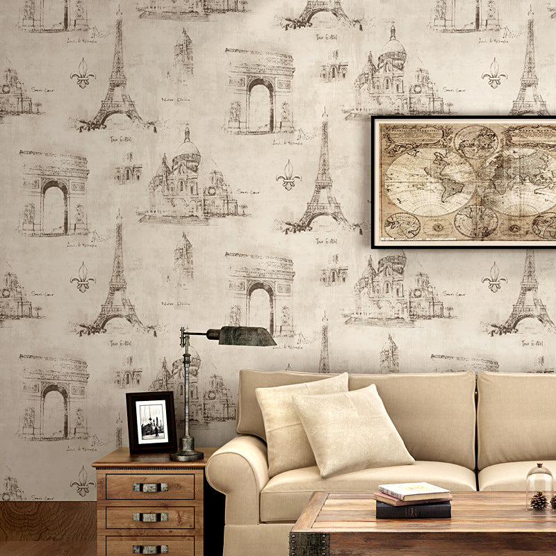 Coffee and Dress Room Wallpaper Eiffel Tower and Traditional European Buildings Design, 33' x 20.5