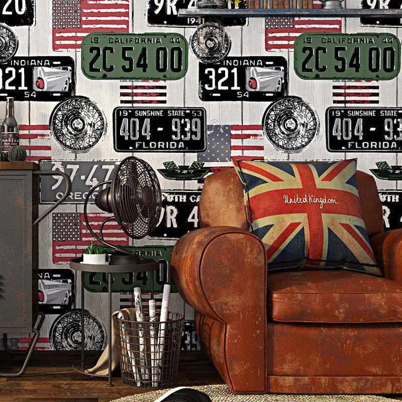 Decorative Non-Pasted Graffiti of Car Plates and USA National Flags Matted Plaster Wallpaper in Multi-Color Beige Clearhalo 'Industrial wall decor' 'Industrial' 'Wallpaper' Wall Decor' 883738