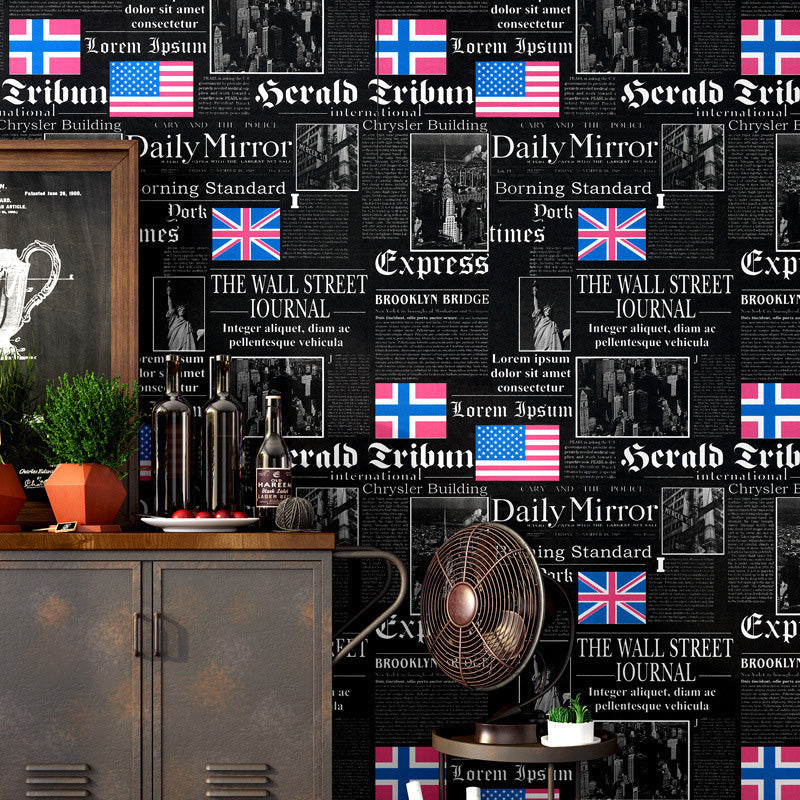 Vintage Newspaper with English Title and USA National Flags 33-foot x 20.5-inch Non-Pasted Washable Wallpaper Black Clearhalo 'Industrial wall decor' 'Industrial' 'Wallpaper' Wall Decor' 883773