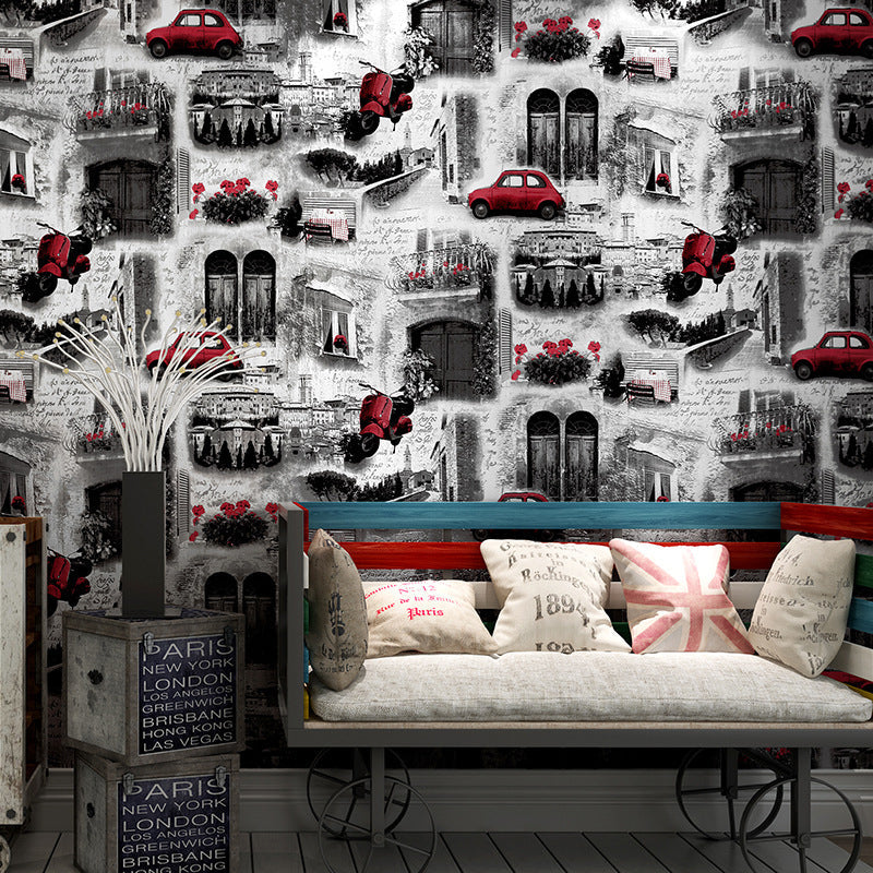 Vintage European Streets Wallpaper Flowers and Buildings and Waterproof Non-Pasted Wall Decor, 31' by 20.5